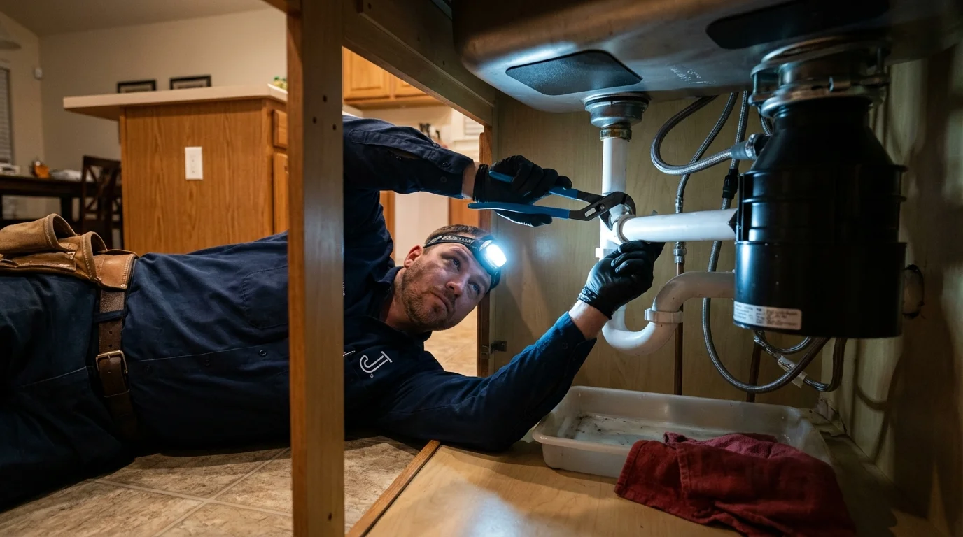 P-trap and supply line connections under a kitchen sink showing a common leak point in Seneca, PA